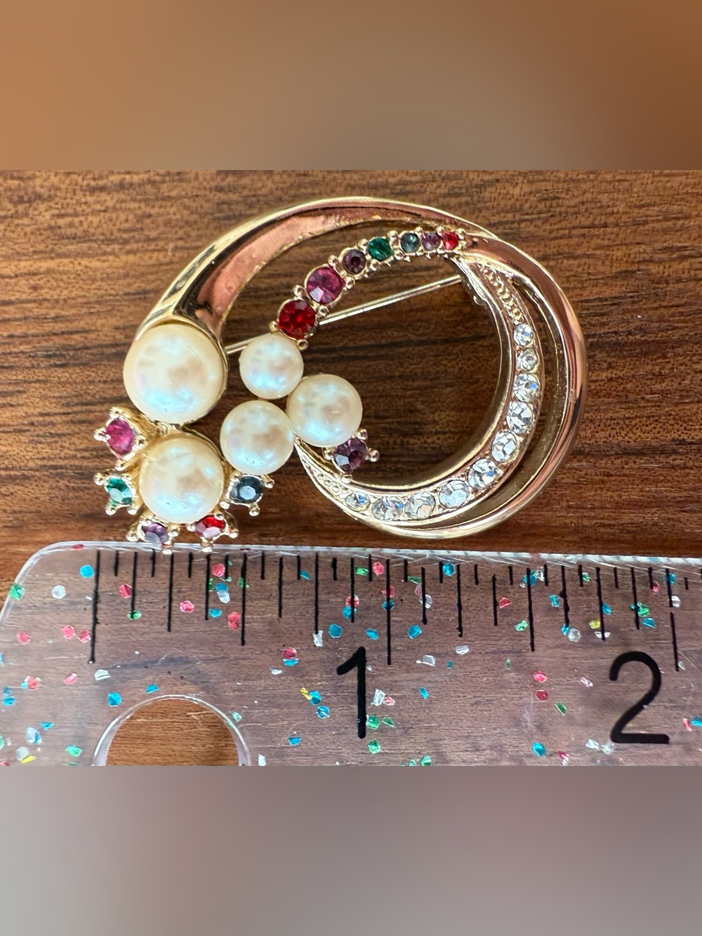 Vintage Gold-Tone Faux Pearl & Multicolor Rhinestone Crescent Brooch Pin